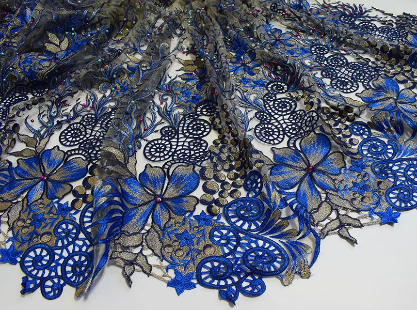 Royal Blue Gold Classic Big French Lace Sewing Fabric With Lots Of