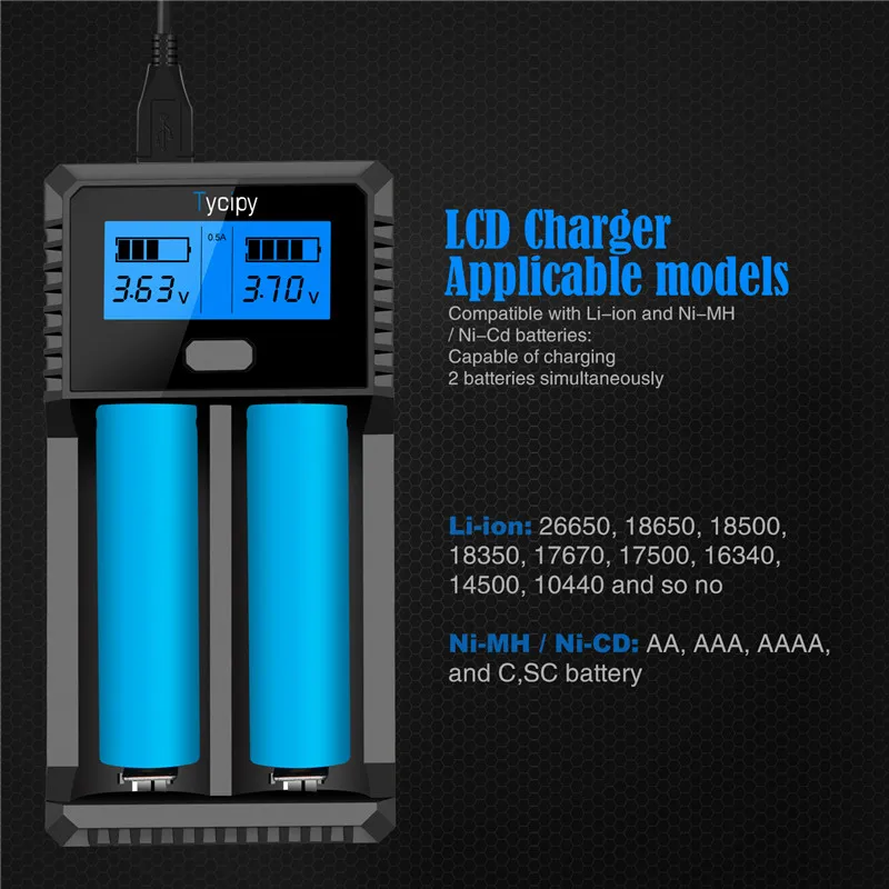 Tycipy USB Порты и разъёмы двухканальный с ЖК-дисплей Смарт Зарядное устройство для 18650 18500 3,7 V AA AAA Перезаряжаемые литий Батарея фонарик Зарядное устройство