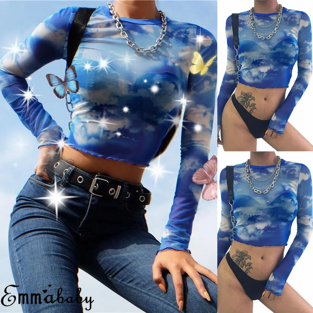 Модная сексуальная женская прозрачная Сетчатая футболка с длинным рукавом, летняя повседневная тонкая футболка с принтом в сеточку, укороченный топ синего цвета