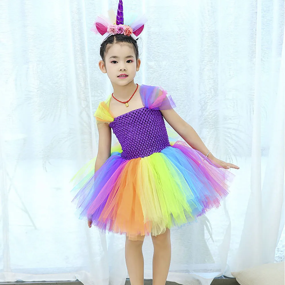 

Pony Tutu Dress for Kids Girl Birthday Party Fluffy Unicorn Christmas Halloween Knee Length Dress Set Vestidos Children Clothing