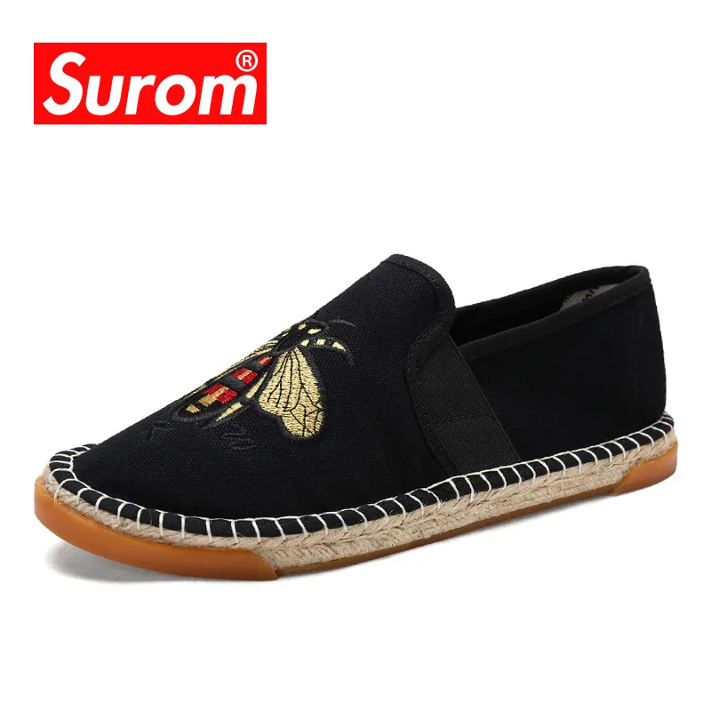 

SUROM New Fashion Men's Loafers Slip on Flat Heel Hemp Sole Man Espadrilles Bee Print Relaxed Design Men's Shoes Size 39-44