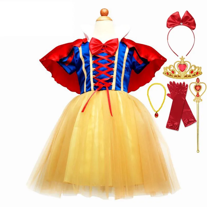 MUABABY платье Белоснежки для девочек; летнее платье принцессы с короткими рукавами; одежда с накидкой; детский праздничный маскарадный костюм - Цвет: Snow White Set 02