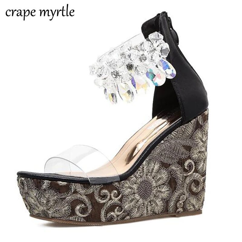 

rhinestone Sandals 2018 Sexy pumps peep Toe High Heels Wedges Sandals Summer shoes Women gold Sandals Women crystal Shoes YMA178