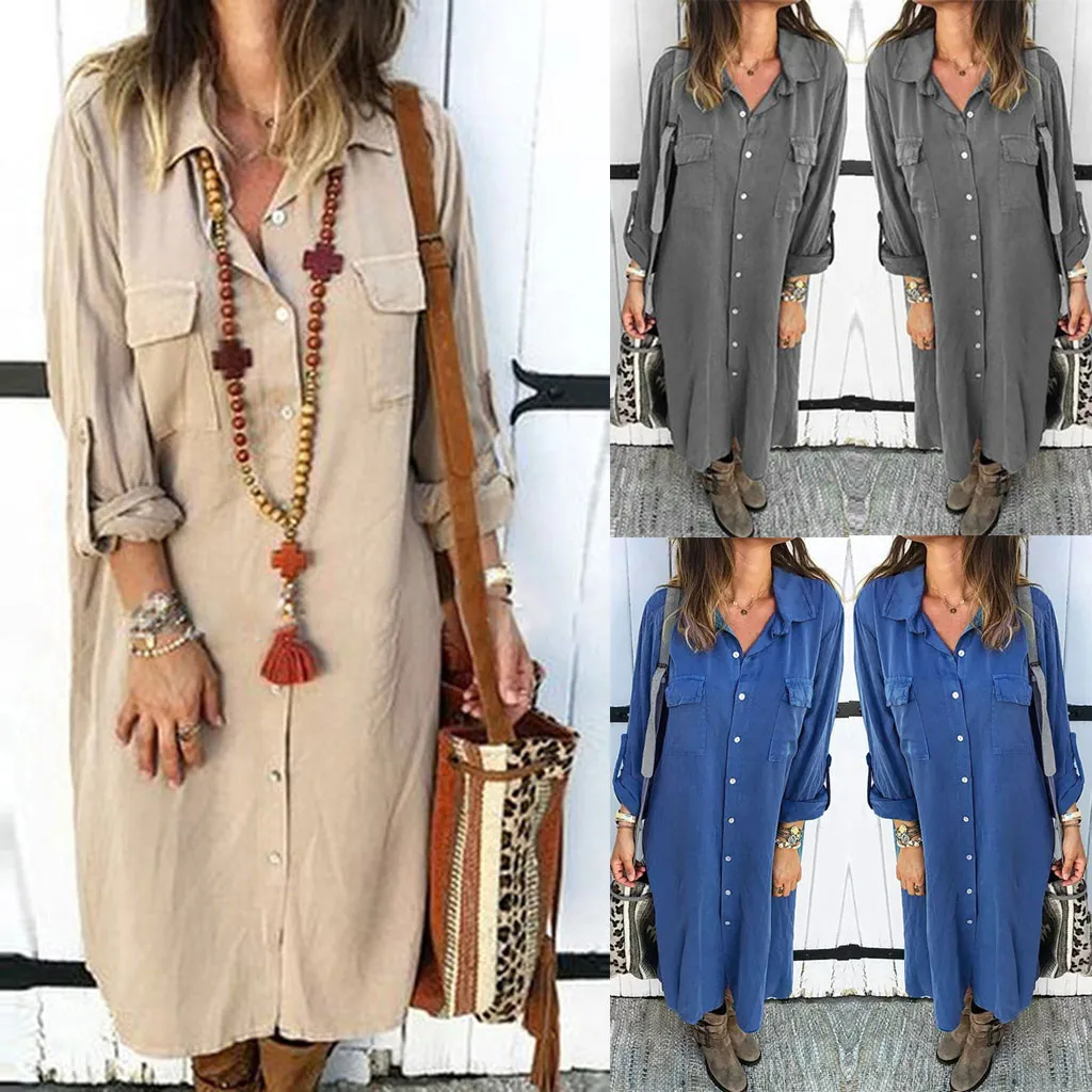 

Party Dress Women's Women's Dress Fashion Buttoned Solid Color Long-Sleeved Shirt Pocket Dress women's summer sundress