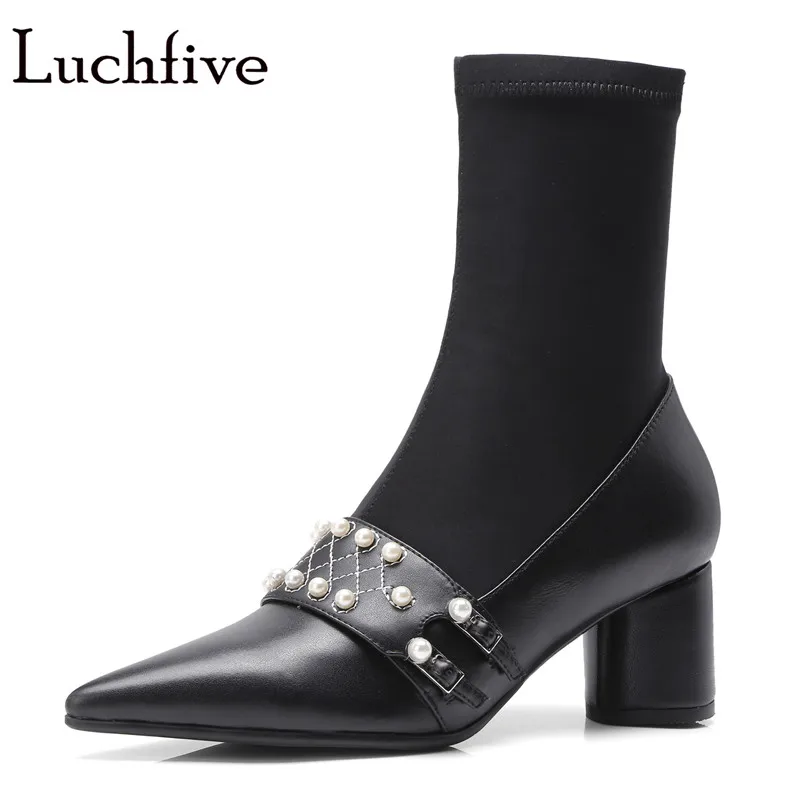 

Genuine leather high heels Stretch Fabric Women Botas pearled Ankle Boots runway design Sock Shoes 2018 autumn Pumps for ladies