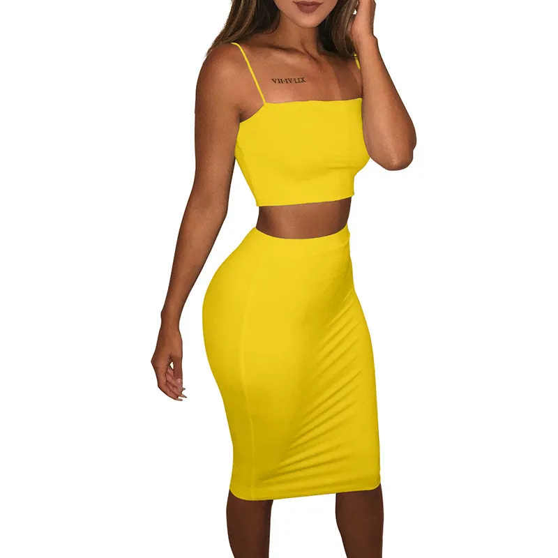 ANJAMANOR летние модные сексуальные Женский комплект 2 шт. Клубные наряды летняя одежда для женщин комплект из двух предметов миди юбка D53-I54 - Цвет: Цвет: желтый