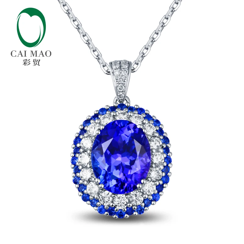 

CaiMao 18KT/750 White Gold 3.19ct Natural Blue Tanzanite 0.6ct Round Cut Diamond 0.38ct Sapphire EngagementPendant Jewelry