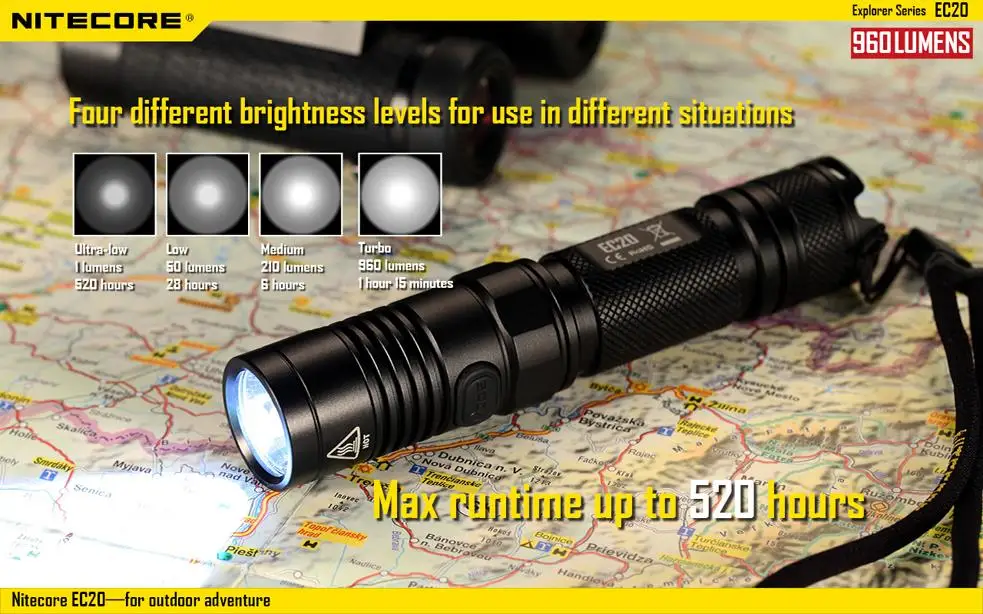 Nitecore EC20 светодиодный фонарик Cree XM-L2 960 LM с nitecore NL189 18650 3400 мАч 18650 Батарея