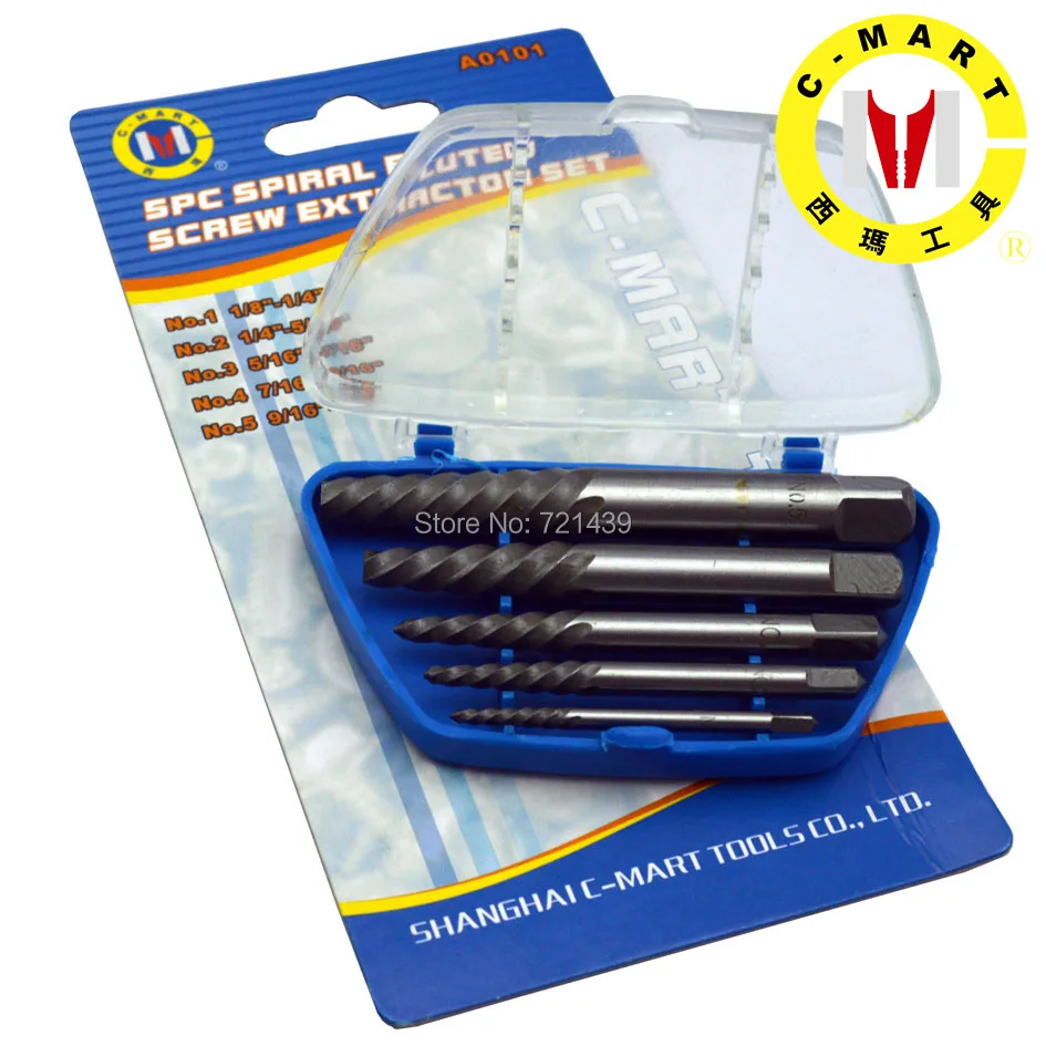 

C-MART Hand Tools 5Pcs/set Alloy Steel Spiral Flute Screw Extractor Broken Bolt Remover Easy Out Set A0101