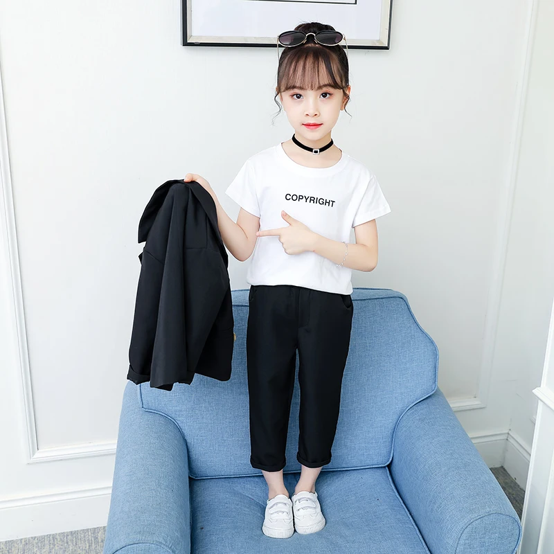 Ins/Лидер продаж, комплекты одежды для девочек Одежда для детей от 4 до 13 лет хлопковый двубортный костюм из 3 предметов пальто+ штаны+ рубашка - Цвет: black-3-pieces sets