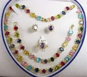 

Free shippingwomen's gift 18GP multicolor zircon Necklace Bracelet Earring Ring(6 # -9 # set (A0503)