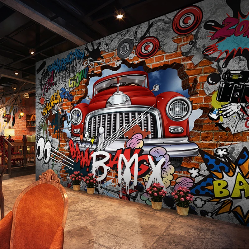 3d Broken Brick Wall Graffiti Cartoon Cars Mural For Restaurant Boys Bedroom Wall Decor Non Woven Customize Size 3d Wallpaper