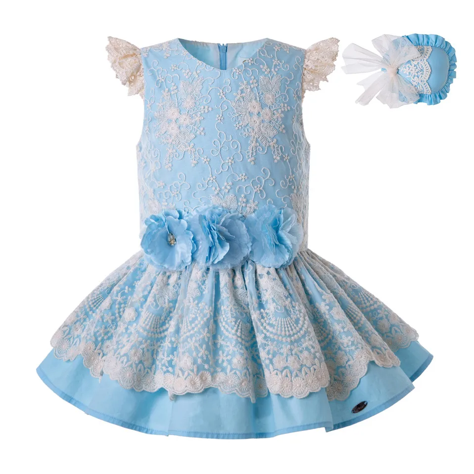 Pettigirl Blue Girl Dress Layered Lace With Hairband Summer Girl Dress Kids Boutique Clothes G-DMGD203-27 - Цвет: As picture