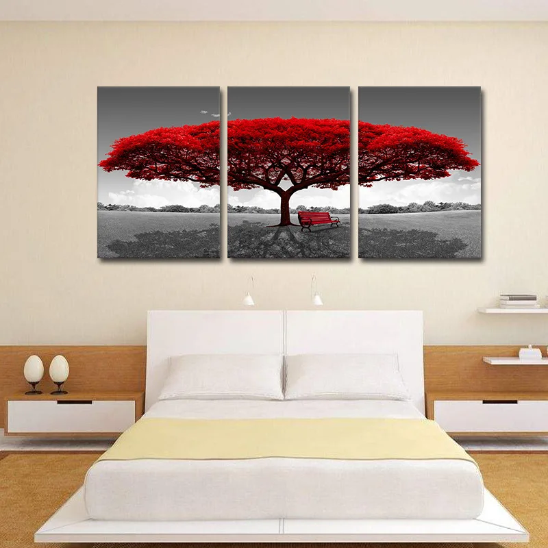 

50x70cm Modular Canvas HD Prints Posters Home Decor Wall Art Pictures 3 Pcs Red Tree Art Scenery Landscape Paintings Framework