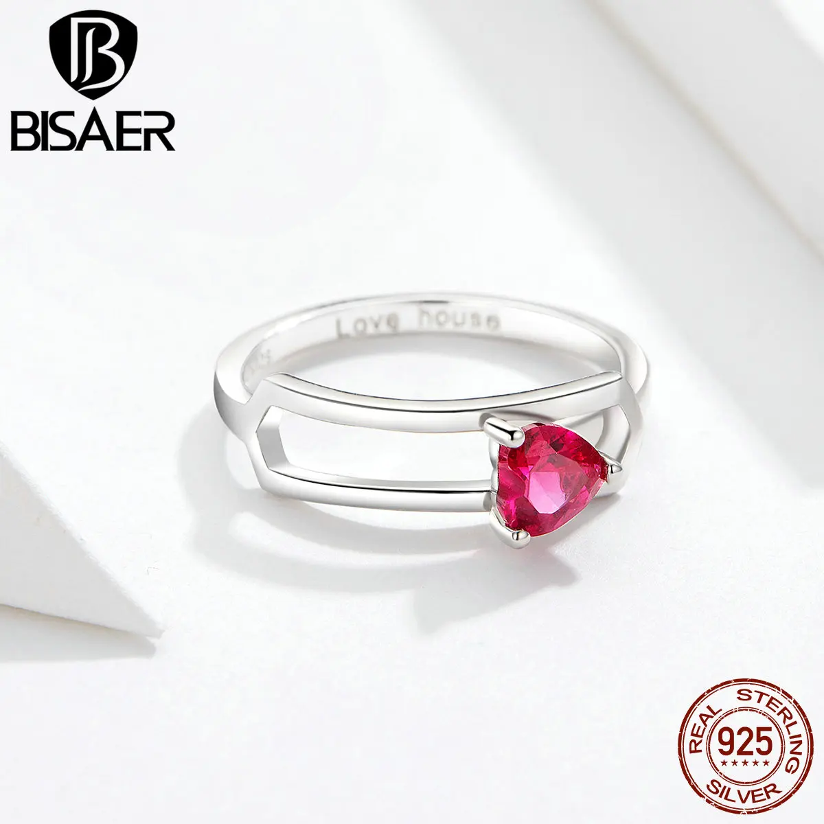 BISAER кольцо в форме сердца, 925 пробы, серебро, розовый циркон, сердце, геометрическая форма, кольца на палец для женщин, кристалл, свадебное кольцо Анель EFR042