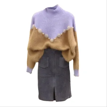 

2018 Autumn Winter Women Loose Turtleneck Sweaters Beading Fashion Warm Beaded Hair Ball Patchwork Knitted Pullovers Tops
