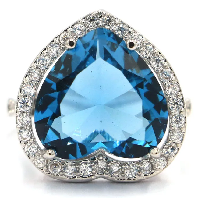 

US Size 8# Romantic Heart Shape London Blue Topaz White CZ Gift For Girls 925 Silver Ring 18x18mm