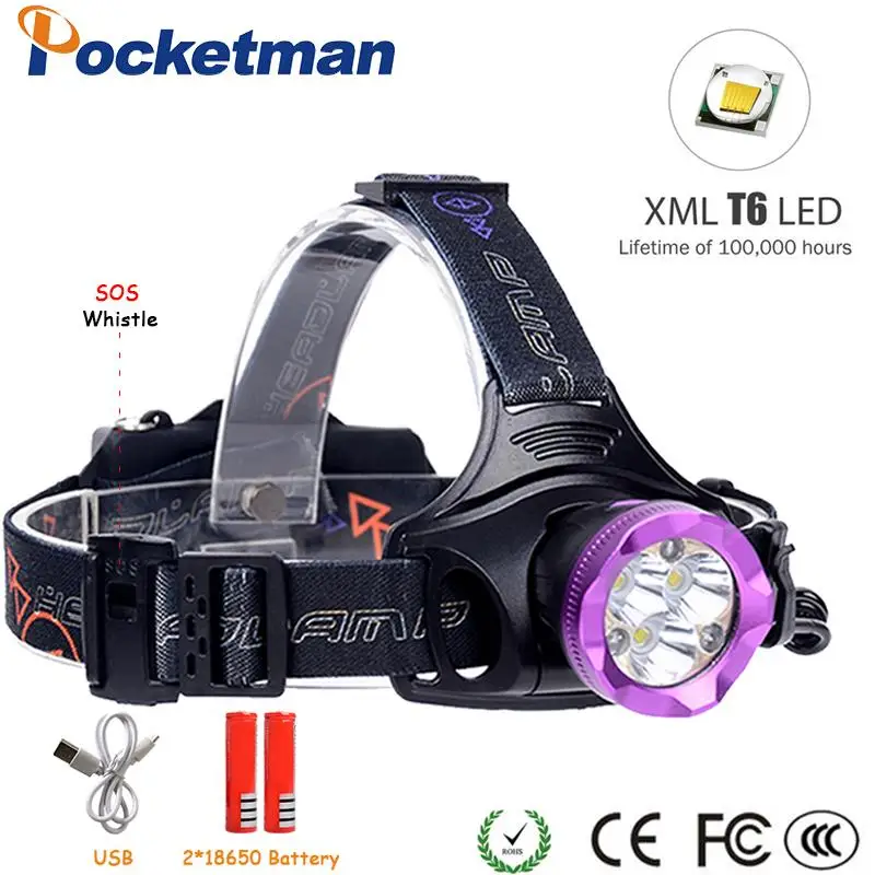 

USB headlight 15000lm 6 Led Headlamp with SOS Whistle 3* T6+3 Red light HeadLight Lamp use 18650 Battery for Camping Hiking