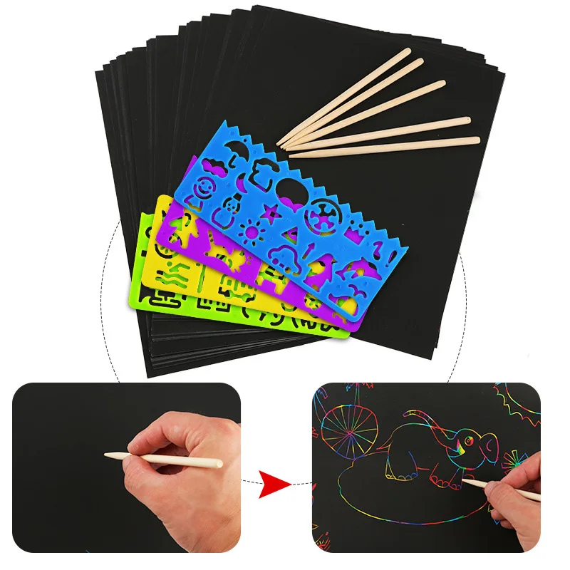 

10pcs A4 size Children Scratch Painting Papers with Drawing Stencils Kids Scraping Paper Paint Learning Kindergarten Preschool