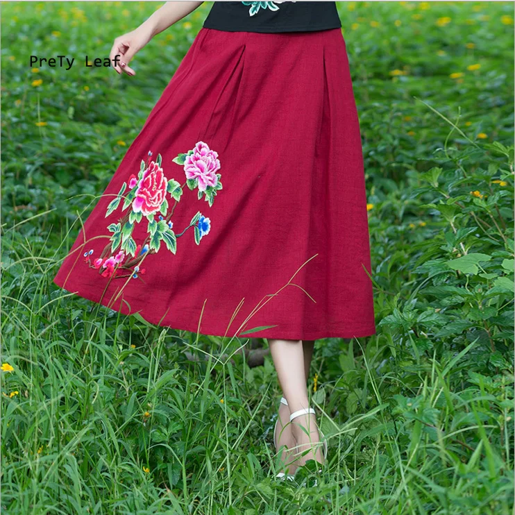 2017 new Mori women line art element linen embroidered skirt