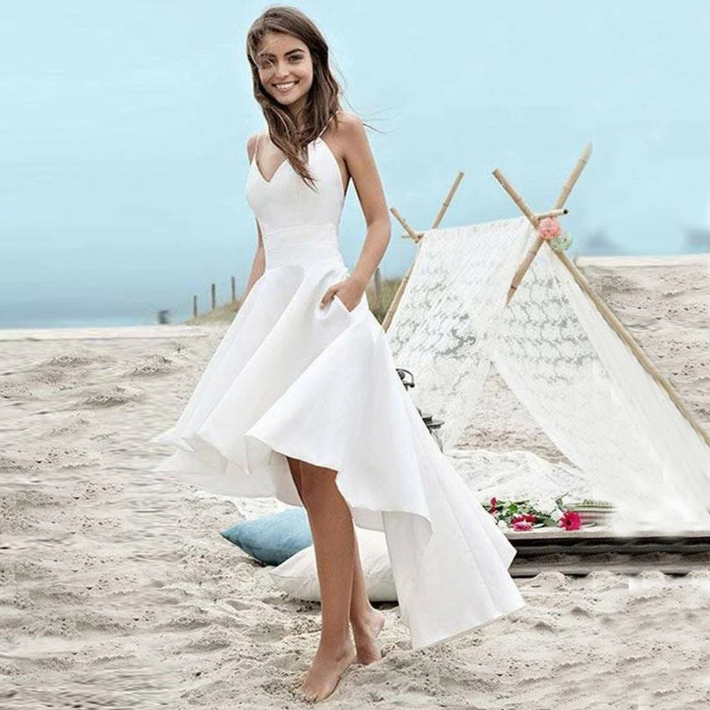 Sexy Spaghetti Straps Wedding Dresses V Neck High Low Open Back A