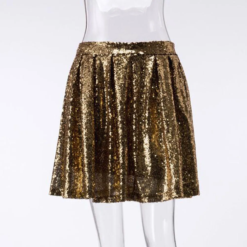 Gold Sequin Skirt Женская юбка с золотыми пайетками сексуальная высокая талия плиссированные блестящие вечерние мини юбки летние повседневные Короткие вечерние Клубное платье на молнии - Цвет: Gold Sequin Skirt