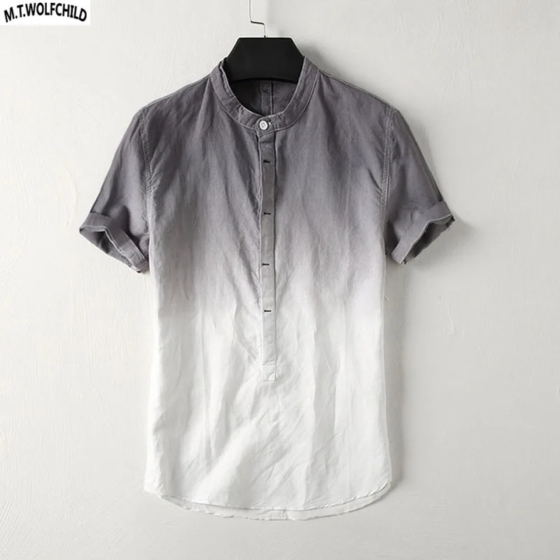 Fashion 2018 Summer New linen Men's short sleeve Gradient henry-collar t-shirts casual cotton mens tees slim mens clothing tops
