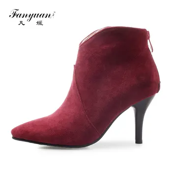 

Fanyuan Fashion Pointed Toe Short Boots Solid Zipper Ankle Boots Sexy Thin High Heel Women Boots Winter Short Plush Women shoes