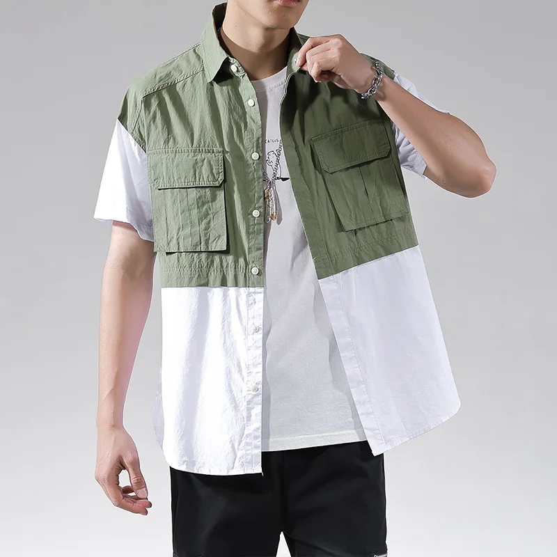 

High Quality Men Shirt Fashion Patchwork Men Shirt Double Pocket Green M-4XL Men Shirt Short Sleeve