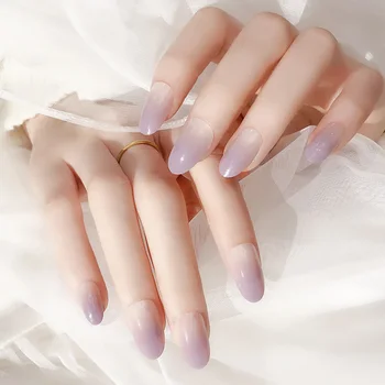 

24pcs Lots False Nails with glue Shiny Light Purple Gradient Long Fake Nail Fashion Girls DIY Nail Art Full Tips artificial nail