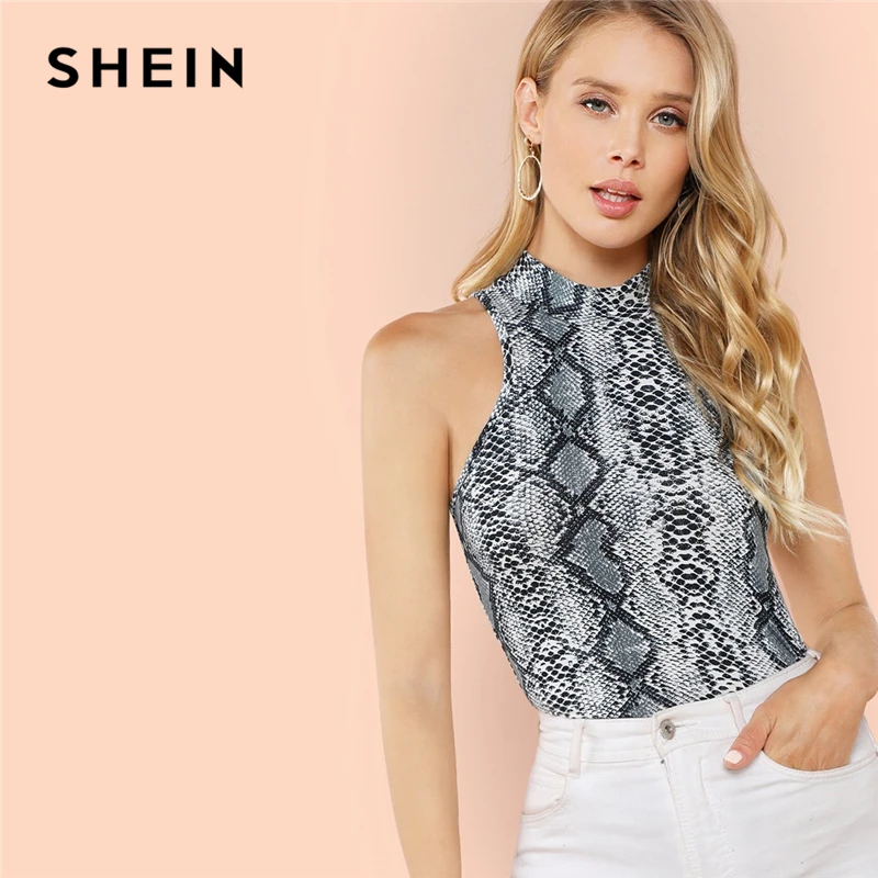 SHEIN أنيق الحديثة سيدة الشارع الشهير متعدد الألوان موك الرقبة الوقوف طوق الحيوان الأفعى الجلد أعلى الصيف المرأة الصلبة سترات