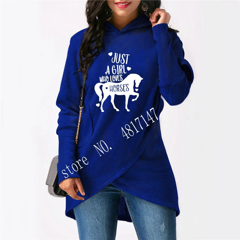 Just a Girl Who Loves Horses Print Hoodies Women Irregular Sweatshirts Femmes Horse Lover Gift Sweet Long Sleeve Autumn Tops - Цвет: blue