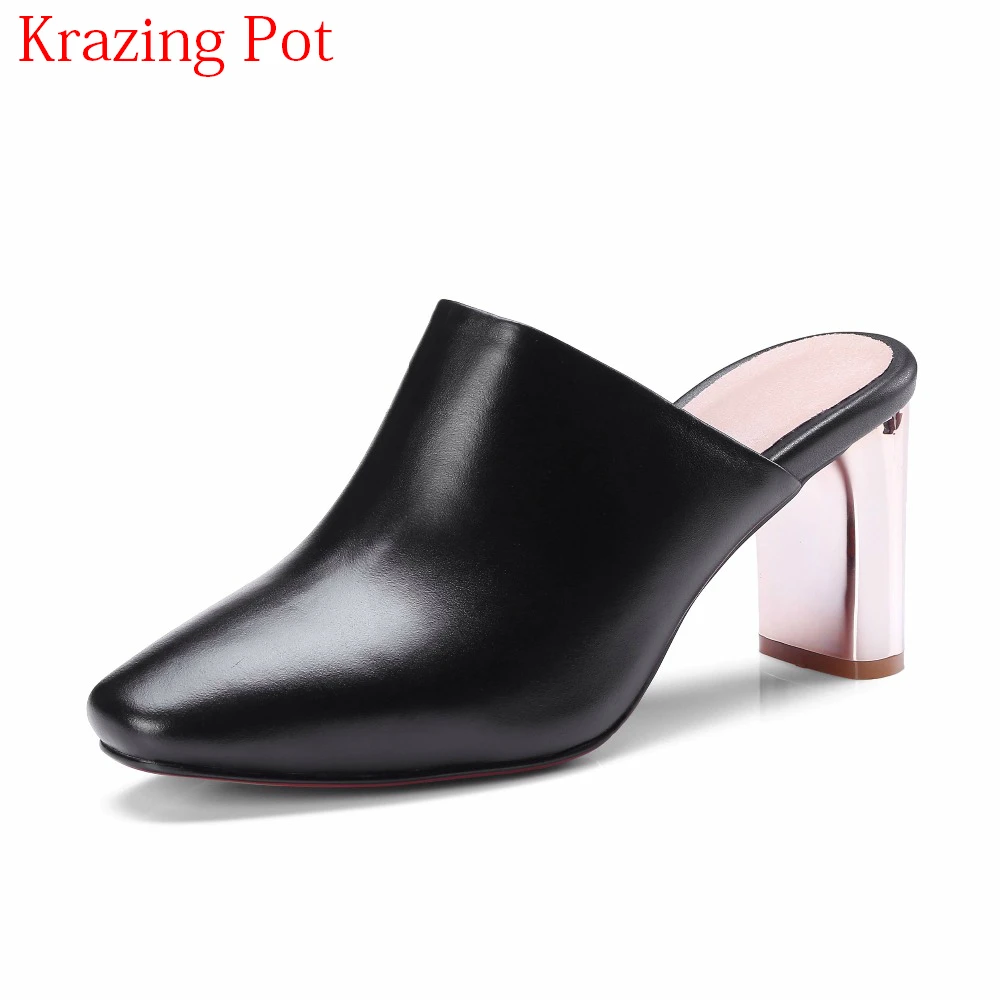 

2018 New Fashion Genuine Leather High Street Slingback Mules High Heels Concise Square Toe Summer Silp on Sweet Women Pumps L04
