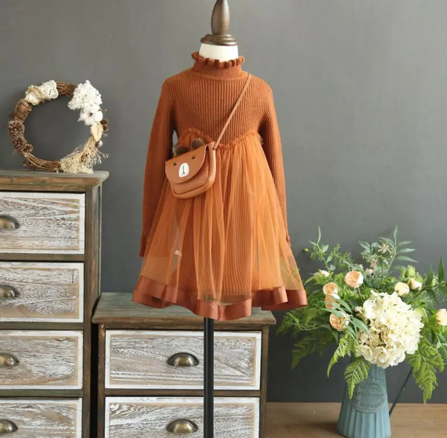 

New Baby Girls Autumn Knitting Mesh Long Sleeve Dresses, Princess Kids Bouique Sweater Dress Wholesale 5 pcs/lot,
