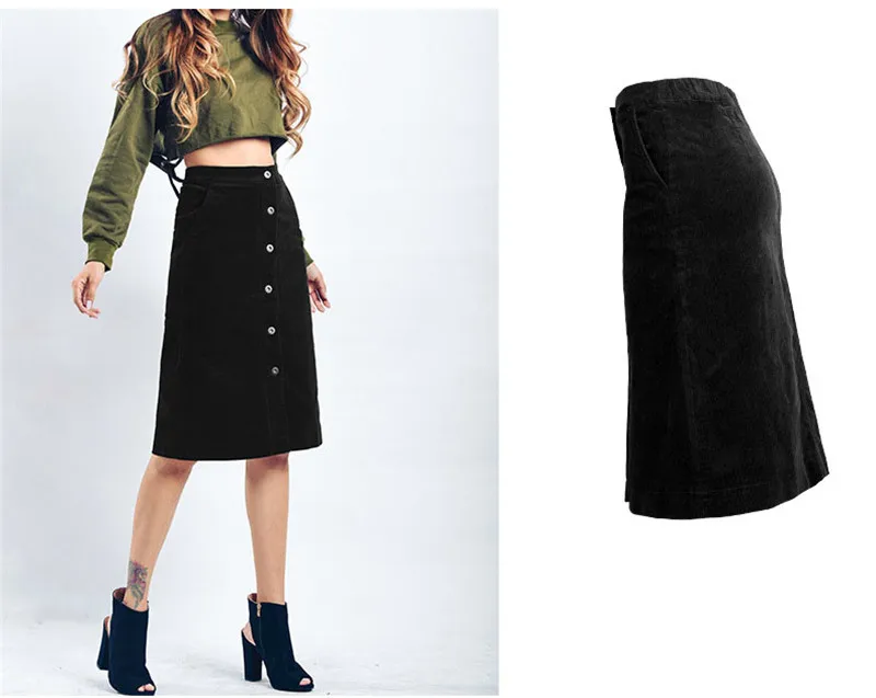 Autumn a-line skirt corduroy skirt in the long high waist slit skirt multi button pocket skirt (4)