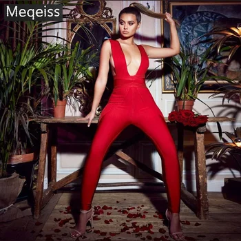 

MEQEISS Summer Sexy Jumpsuit Clubwear 2019 New Arrival Women Hollow Out Red Rayon Bodycon Bandage Jumpsuit Spandex bodysuit