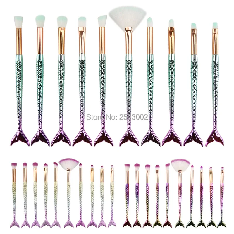 

10 pcs Makeup Brushes Kit Mermaid Fish Eyes Face Eyeshadow Make up Brush Lip Eyebrow Nose Fish Shape Handle Set Beautiful color