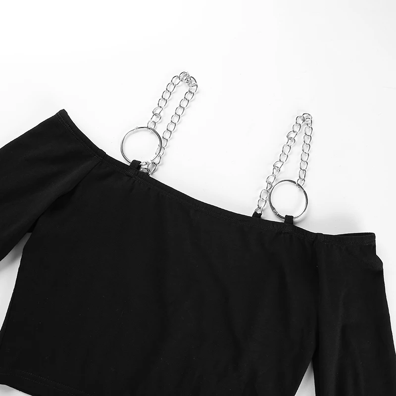 Sweetown Vogue с открытыми плечами, длинный рукав, укороченный топ, футболка, сексуальная, с вырезом лодочкой, футболки, осень цепь черного металла, Корейская футболка