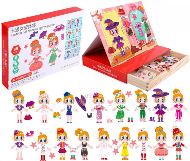 Girl dressing puzzle Деревянная образовательная магнитная головоломка игрушки для детский холодильник наклейки на холодильник Лес животных туалетный красочный доска для рисования с игрушками - Цвет: Girl dressing puzzle