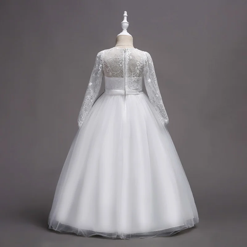 Белое свадебное платье с длинными рукавами для девочек; кружевные вечерние платья принцессы из тюля, украшенные стразами; платье для первого причастия для девочек