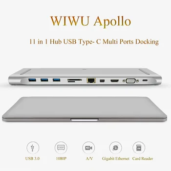 

WIWU Multi-function 11 in 1 Hub USB Type-C Docking Station for MacBook Aluminum USB 3.0 to HDMI/VGA Universal Docking for Dell