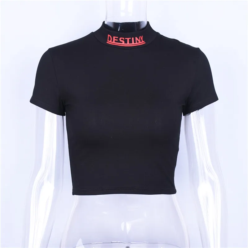 Hugcitar cotton letters print high neck crop tops t shirts 2018 summer women fashion casual T-shirts