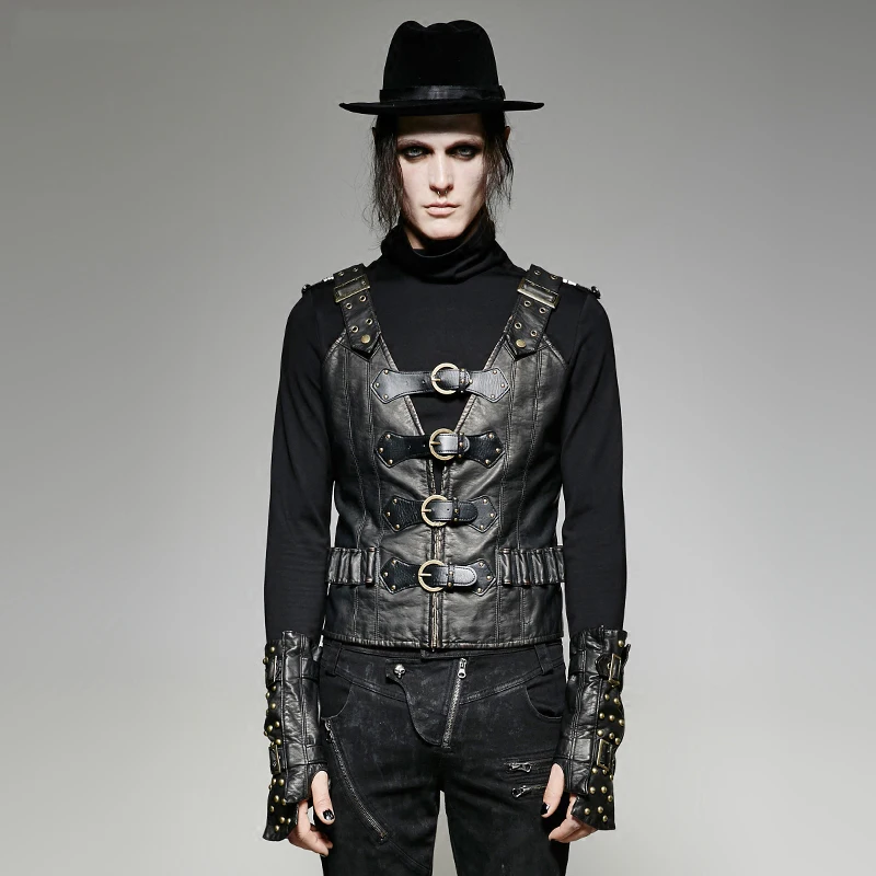 Steampunk Gothic Vintage Heavy Metal Rock Army Uniform PU Leather Vest For Men Fashion Men Faux