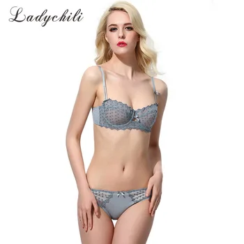 

Ladychili Women Intimate Bra Set Sexy French Style Ultra Thin Bra and Brief Set Lace Dot Embroidery Half Cup Bra Underwear N284
