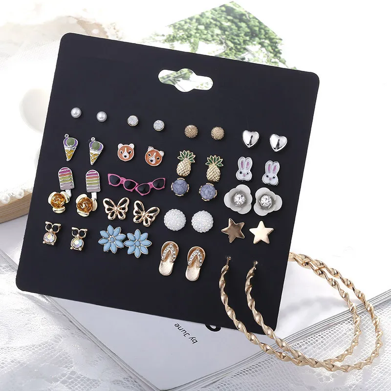 

20 Pairs/lot Fruit Animal Crystal Charms Stud Earring for Women Fashion Flowers Owl Ladybird Cross Pentagram Ear Studs Jewellery