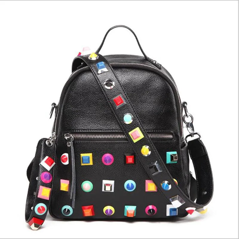

Free Shipping 2017 Fashion Rivet Women Bag Big Capacity Hit Colors Personality Backpack Chromatic Strap Hand bag 2 S