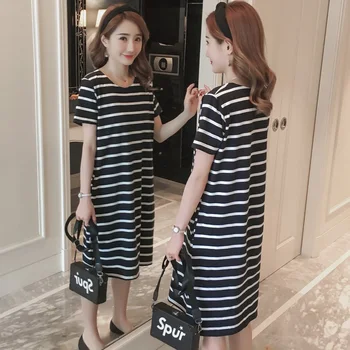 

New Korean Summer Short Sleeve Loose Cotton Fashion Simple Round Neck Striped Maternity Dress