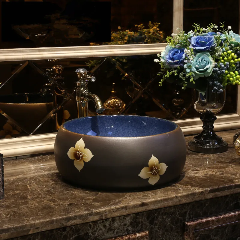 

Round Porcelain Bathroom ceramic counter top sink wash basin popular in europe art basin lavabo painting porcelain sink
