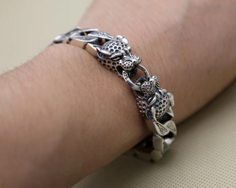 Double-Leopard-Head-Chunk-Bracelet-Men-64-1g-100-Pure-Solid-Sterling-Silver-925-Top-Fashion (5)