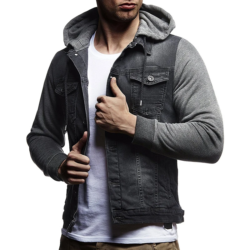 Spring Fashion Mens Denim Jacket Knitted Sleeves Stitching Hooded Jeans Coats Casual Men Solid Color Outwear Top